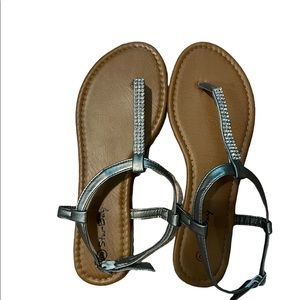 Star away flat sandal shoes. Gold straps with rhinestones